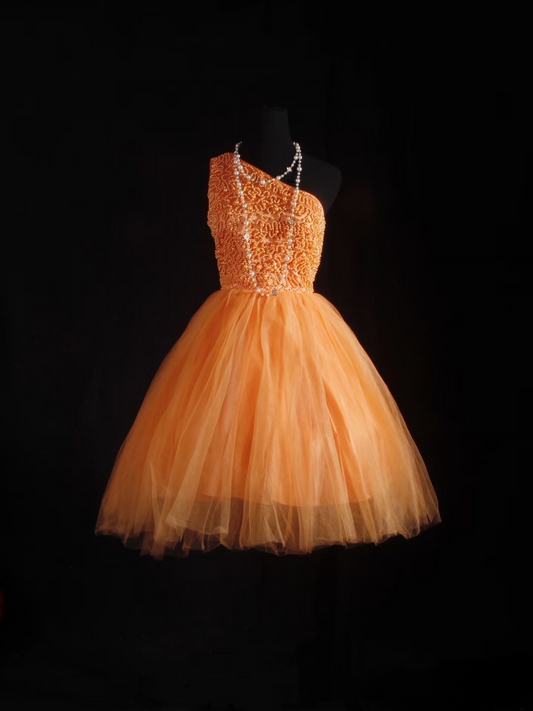 Cute Ball Gown One Shoulder Orange Tulle Short 16th Birthday Dress Homecoming Dresses Cocktail Gown AU051