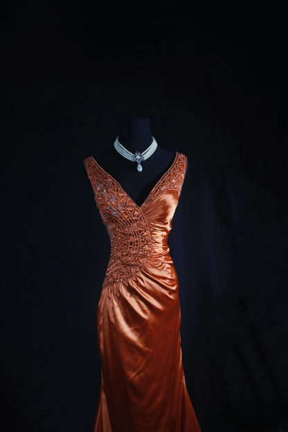 Vintage Prom Dresses 1950s Retro Classy V Neck Rust Red Long Prom Dress Inspiration Prom Dresses AU052