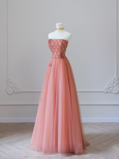 Modest A Line Strapless Tulle Pink Prom Dresses Inspiration Trending Prom Gowns Princess Formal Prom Dress AU053