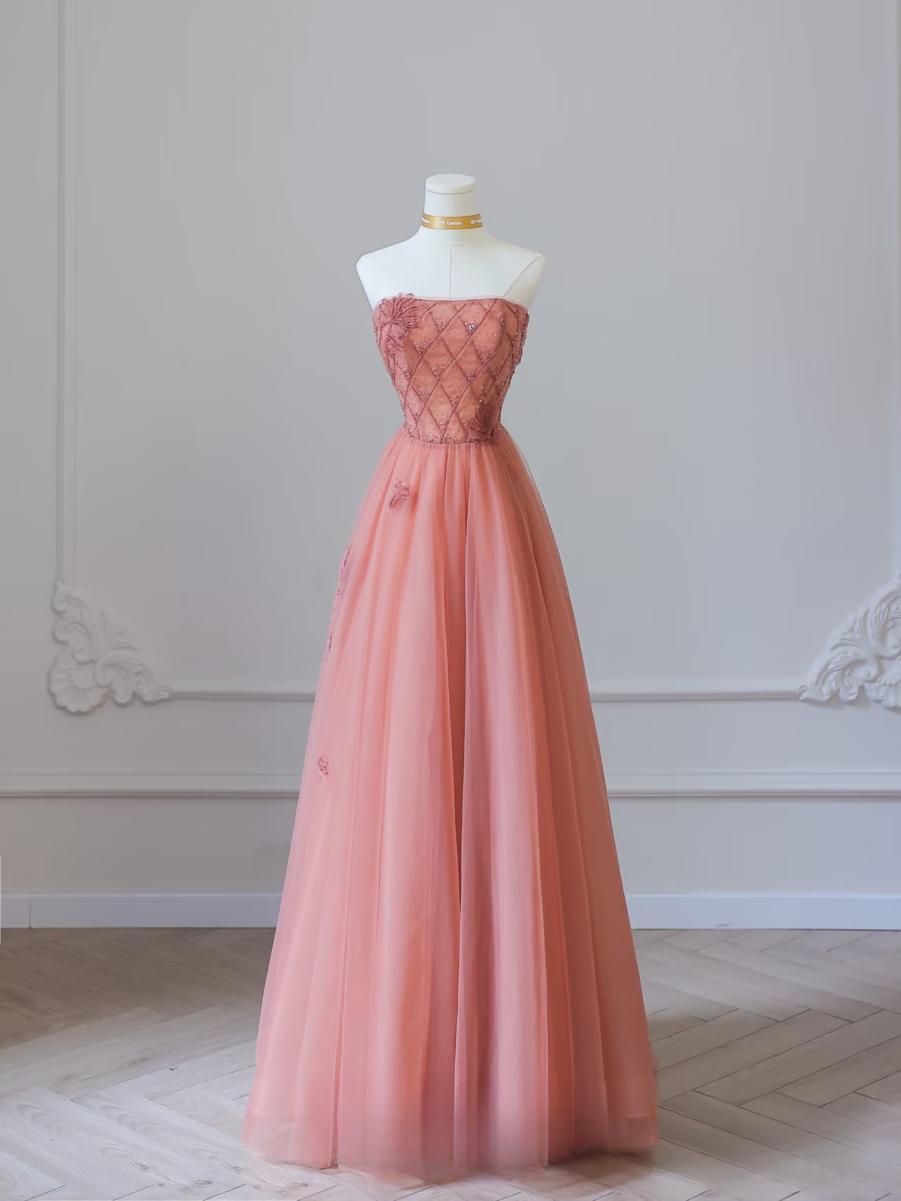 Modest A Line Strapless Tulle Pink Prom Dresses Inspiration Trending Prom Gowns Princess Formal Prom Dress AU053