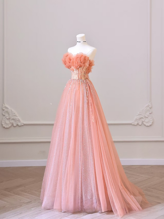 A Line Sweetheart Tulle Pink Glam Prom Dresses Inspiration Sequins Prom Gowns Princess Formal Evening Dress AU054
