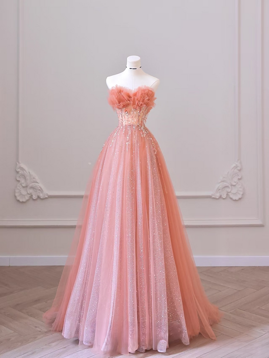 A Line Sweetheart Tulle Pink Glam Prom Dresses Inspiration Sequins Prom Gowns Princess Formal Evening Dress AU054