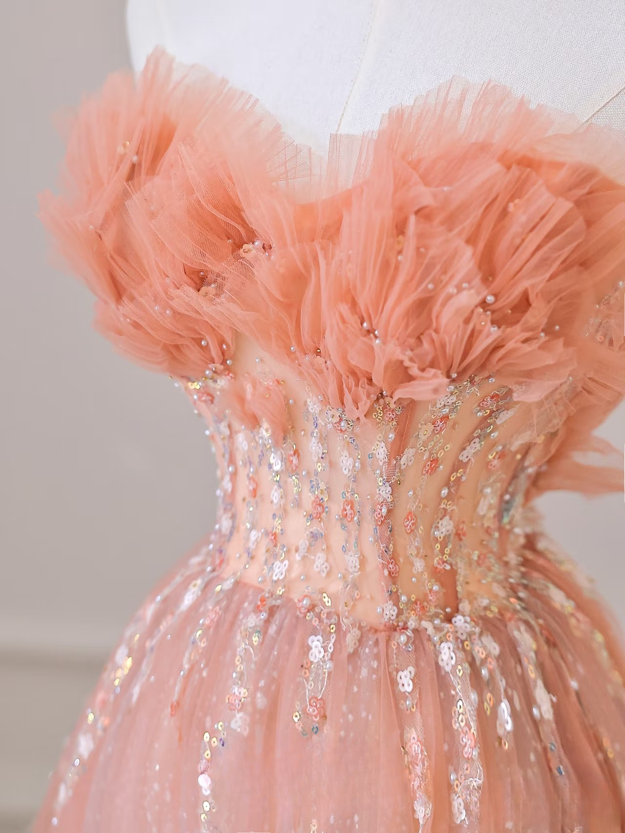 A Line Sweetheart Tulle Pink Glam Prom Dresses Inspiration Sequins Prom Gowns Princess Formal Evening Dress AU054