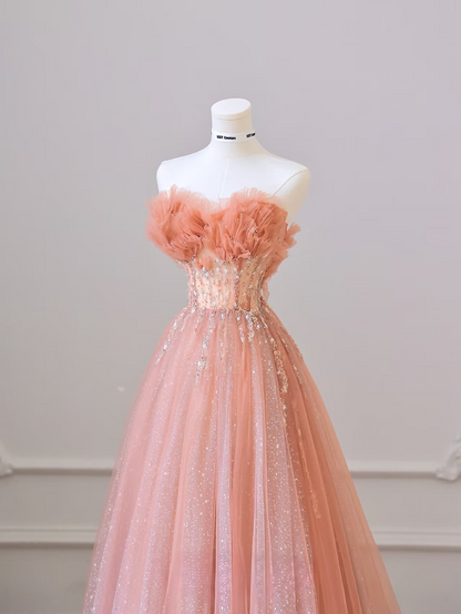 A Line Sweetheart Tulle Pink Glam Prom Dresses Inspiration Sequins Prom Gowns Princess Formal Evening Dress AU054