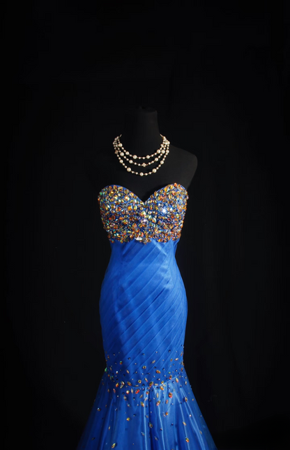 Vintage Prom Dresses Aesthetic Mermaid Sweetheart Royal Blue Tulle Beads Long Prom Dress Inspiration Prom Dresses AU054