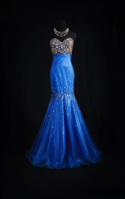 Vintage Prom Dresses Aesthetic Mermaid Sweetheart Royal Blue Tulle Beads Long Prom Dress Inspiration Prom Dresses AU054