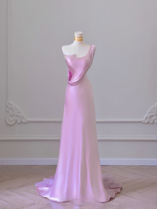 Unique A Line One Shoulder Pink Satin Long Prom Dresses Inspiration Prom Gowns Princess Graduation Dress AU055