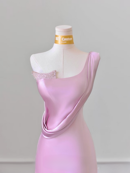 Unique A Line One Shoulder Pink Satin Long Prom Dresses Inspiration Prom Gowns Princess Graduation Dress AU055