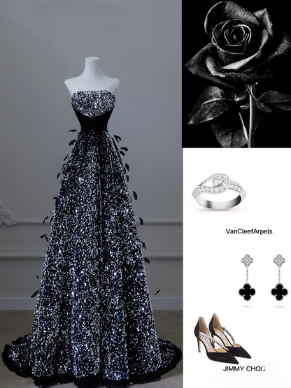 A line Strapless Black Glam Prom Dresses Inspiration Sequin Prom Gowns Princess Formal Evening Dress AU057