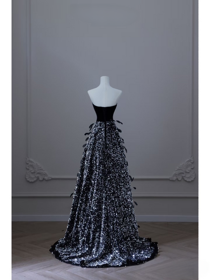 A line Strapless Black Glam Prom Dresses Inspiration Sequin Prom Gowns Princess Formal Evening Dress AU057
