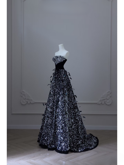 A line Strapless Black Glam Prom Dresses Inspiration Sequin Prom Gowns Princess Formal Evening Dress AU057