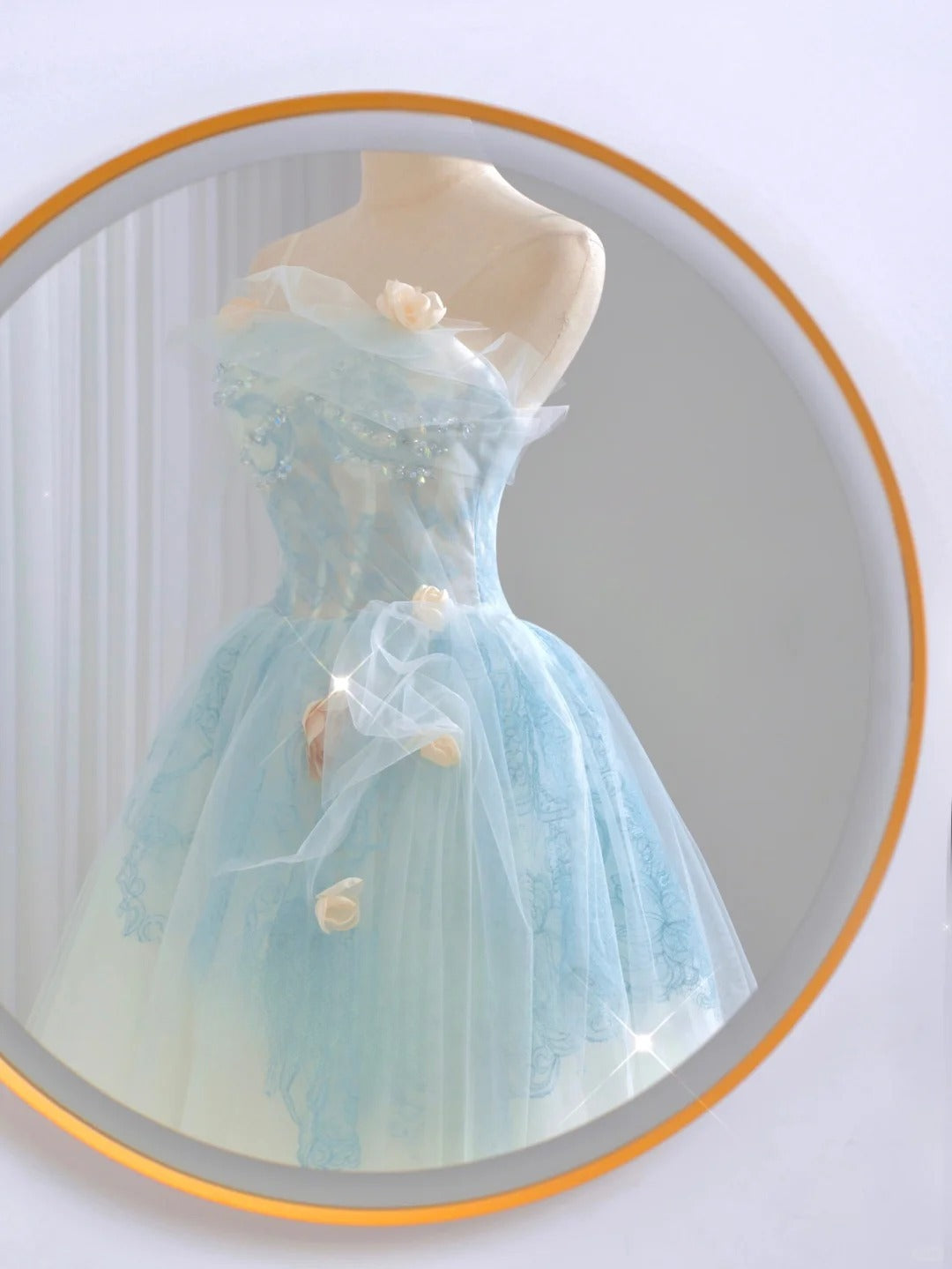 Unique Ball Gown Strapless Blue Lace Prom Dresses Long Party Dress 20th Birthday Outfits Formal Gown AU058