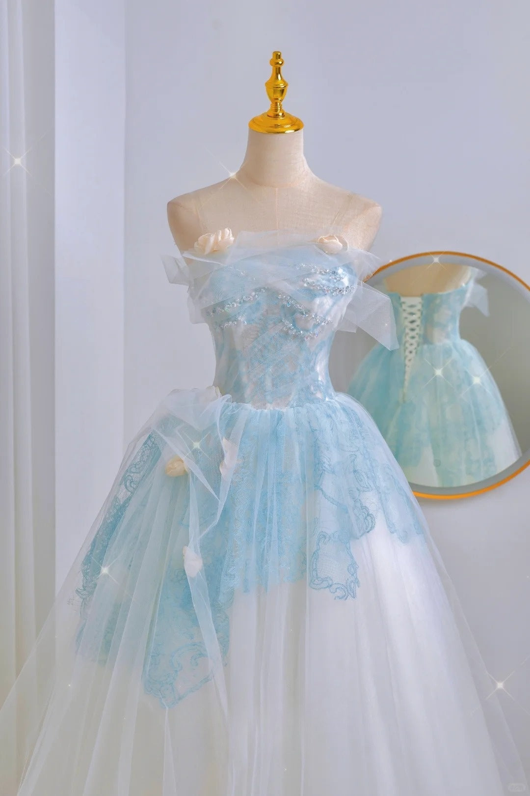 Unique Ball Gown Strapless Blue Lace Prom Dresses Long Party Dress 20th Birthday Outfits Formal Gown AU058