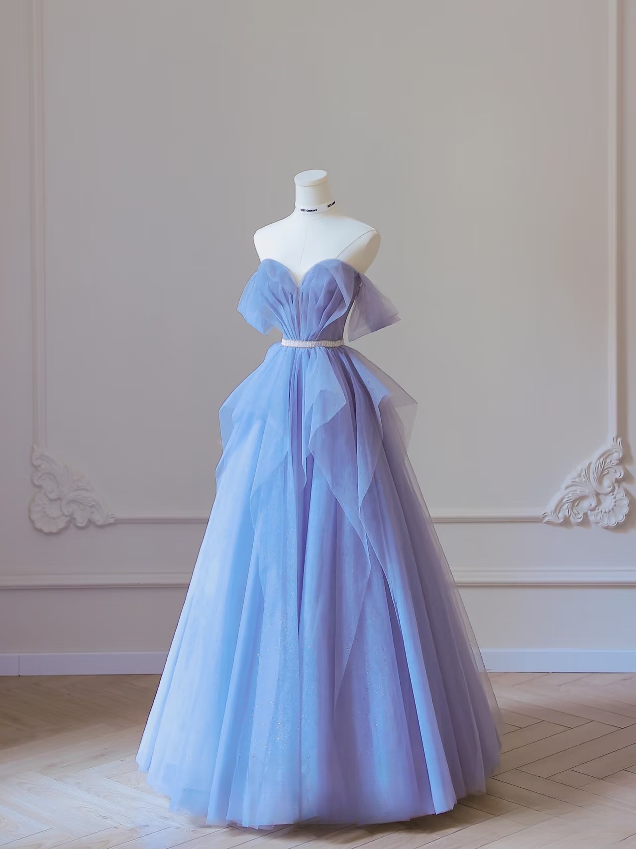 Modest Ball Gown Off The Shoulder Tulle Blue Floor Length Prom Dresses Inspiration Prom Dress Princess Graduation Dress AU060