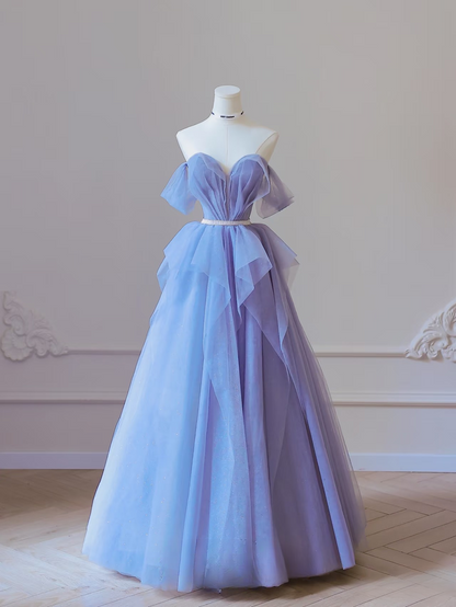 Modest Ball Gown Off The Shoulder Tulle Blue Floor Length Prom Dresses Inspiration Prom Dress Princess Graduation Dress AU060