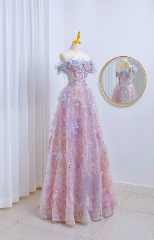 Classy A line Off The Shoulder Pink Floral Floor Length Prom Dresses Formal Dress Birthday Outfits Prom Gown AU060