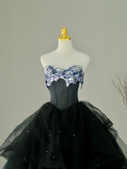 Charming Ball Gown Sweetheart Black Tulle Long Prom Dresses Sequins Prom Gowns AU061