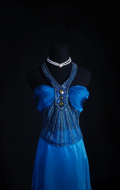 Vintage Prom Dresses 90s Formal A Line Halter Blue Satin Prom Dress Inspiration Long Prom Gown AU062
