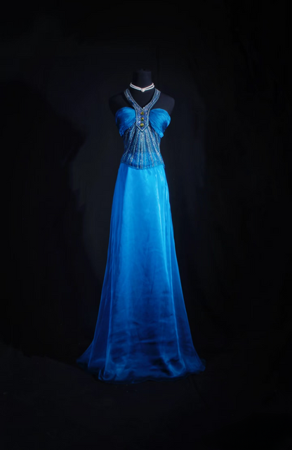 Vintage Prom Dresses 90s Formal A Line Halter Blue Satin Prom Dress Inspiration Long Prom Gown AU062