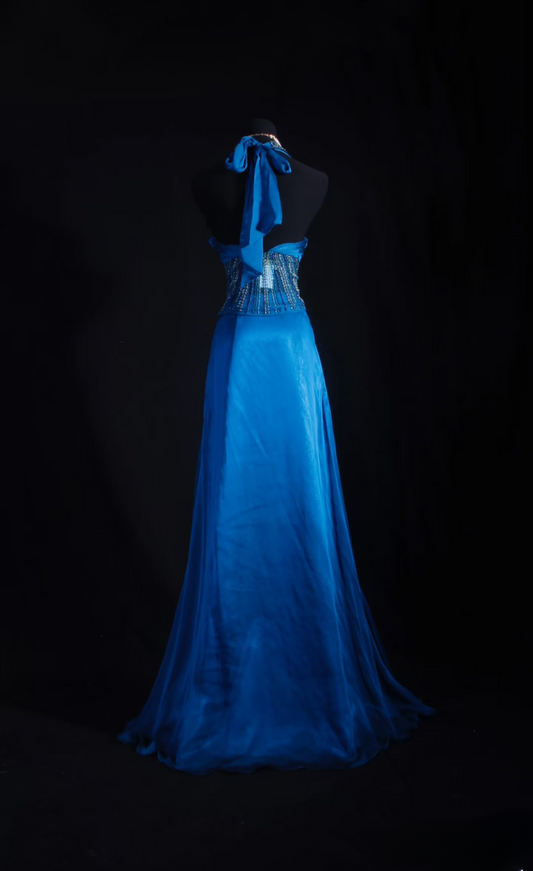 Vintage Prom Dresses 90s Formal A Line Halter Blue Satin Prom Dress Inspiration Long Prom Gown AU062