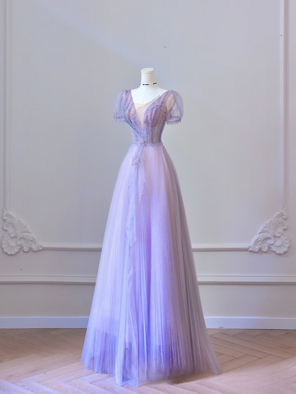 Classy A Line V Neck Tulle Lilac Long Prom Dresses Inspiration Trending Prom Gowns Formal Prom Dress AU063
