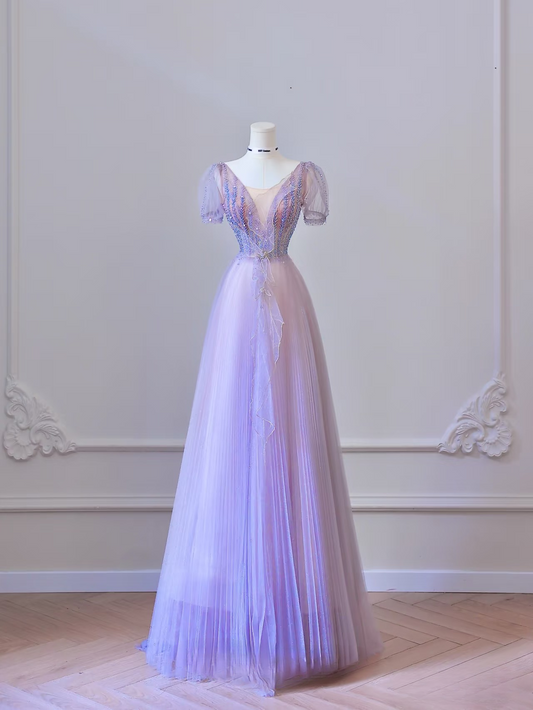 Classy A Line V Neck Tulle Lilac Long Prom Dresses Inspiration Trending Prom Gowns Formal Prom Dress AU063