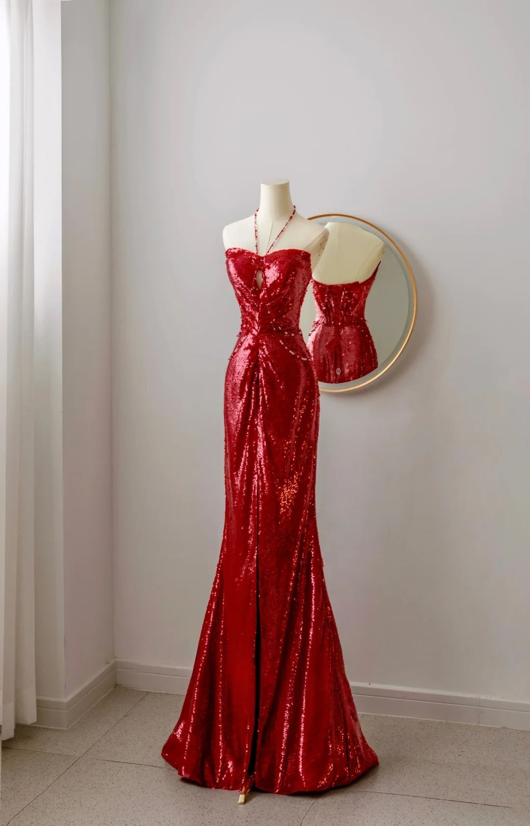 Sexy Mermaid Halter Red Sequin Prom Dresses Long Party Dress 21st Birthday Outfits Formal Dress AU063