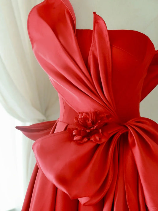 Simple A Line Strapless Satin Red Sleeveless Prom Dresses Long Prom Gowns AU063