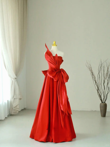 Simple A Line Strapless Satin Red Sleeveless Prom Dresses Long Prom Gowns AU063