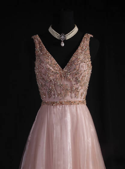 Vintage Prom Dresses 1950s Formal Retro Classy A Line V Neck Blush Pink Beaded Prom Dress Inspiration Long Prom Party Gown AU063