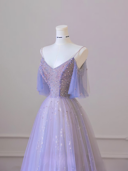 Classy A Line Spaghetti Straps Tulle Lilac Long Prom Dresses Inspiration Trending Prom Gowns Formal Prom Dress AU064