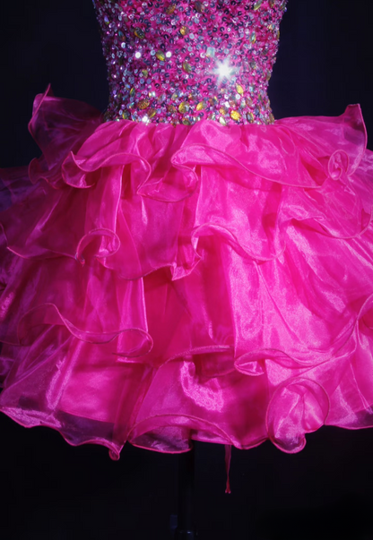 Chic Ball Gown Sweetheart Hot Pink Tulle Beads Short 18th Birthday Dress Homecoming Dresses Cocktail Gown AU064