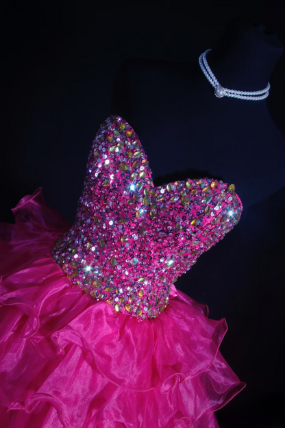 Chic Ball Gown Sweetheart Hot Pink Tulle Beads Short 18th Birthday Dress Homecoming Dresses Cocktail Gown AU064