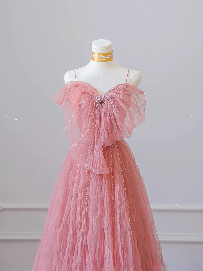 Classy A Line Spaghetti Straps Tulle Pink Long Prom Dresses Inspiration Trending Prom Gowns Formal Prom Dress AU065