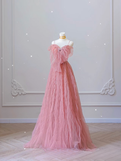 Classy A Line Spaghetti Straps Tulle Pink Long Prom Dresses Inspiration Trending Prom Gowns Formal Prom Dress AU065