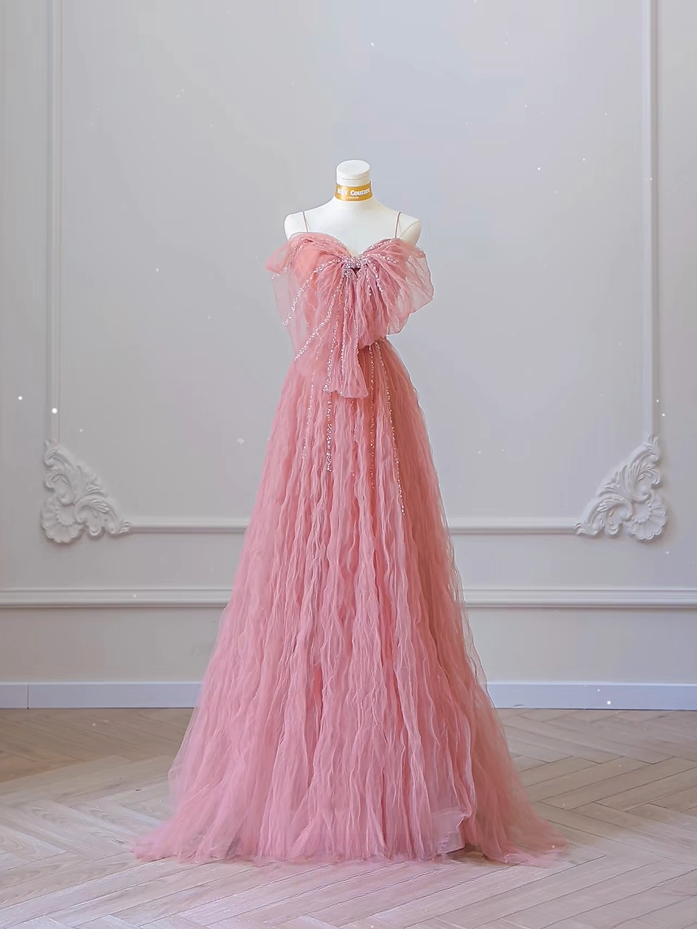Classy A Line Spaghetti Straps Tulle Pink Long Prom Dresses Inspiration Trending Prom Gowns Formal Prom Dress AU065