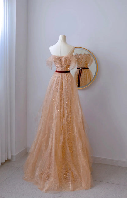 Classy A line Off The Shoulder Gold Sequin Floor Length Prom Dresses Formal Dress Birthday Outfits Prom Gown AU065