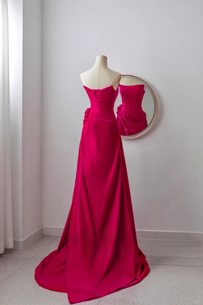 Classy Mermaid Strapless Hot Pink Satin Floor Length Prom Dresses Formal Dress Birthday Outfits Prom Gown AU066