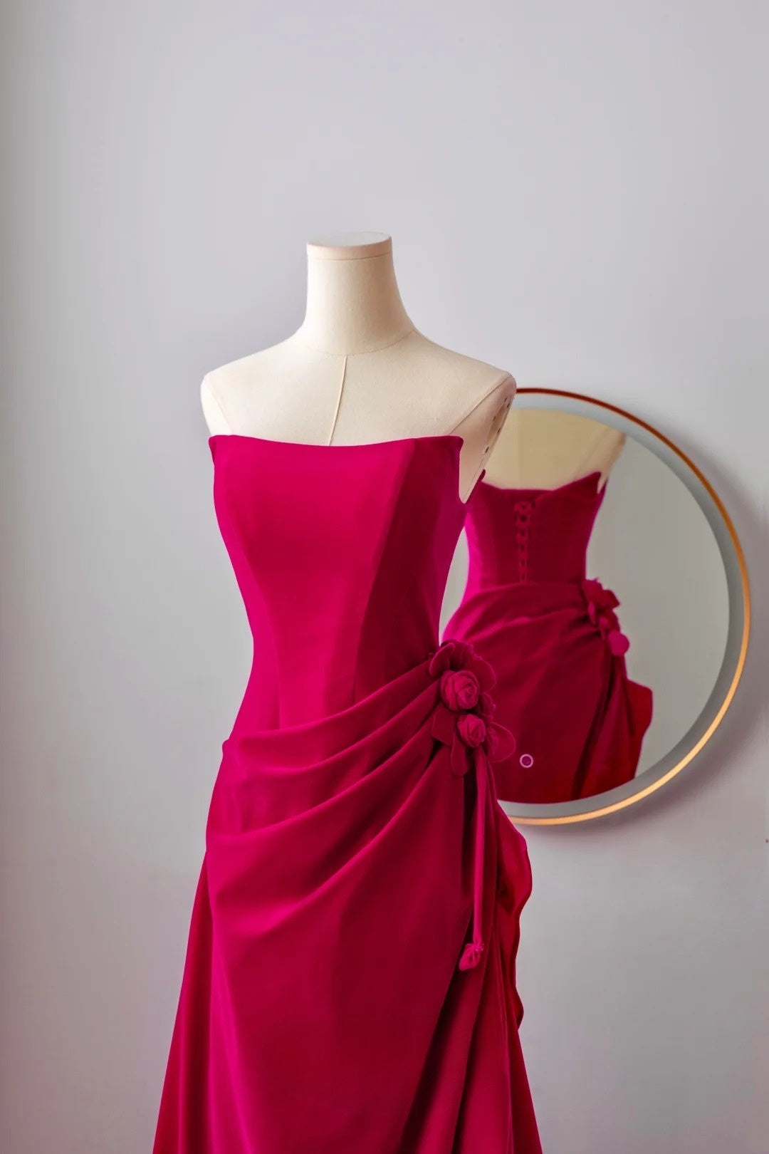Classy Mermaid Strapless Hot Pink Satin Floor Length Prom Dresses Formal Dress Birthday Outfits Prom Gown AU066