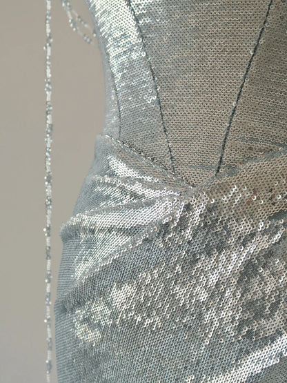 Charming Mermaid Strapless Silver Sequins Sleeveless Prom Dresses Long Prom Gowns AU066
