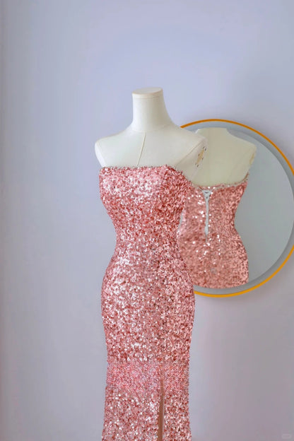 Classy Mermaid Strapless Pink Sequin Floor Length Slit Prom Dresses Formal Dress Birthday Outfits Prom Gown AU067