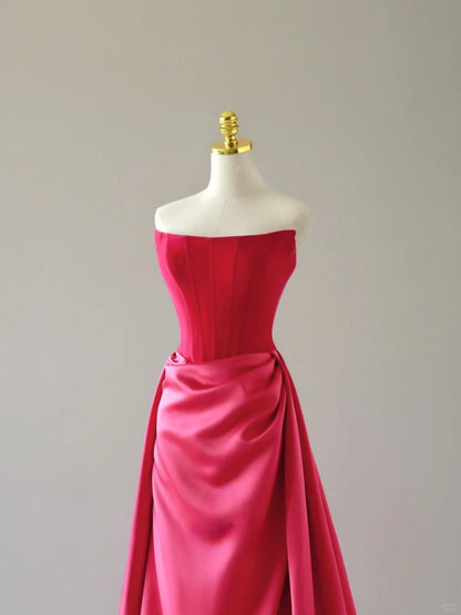 Charming Mermaid Strapless Hot Pink Satin Sleeveless Prom Dresses Long Prom Gowns AU067