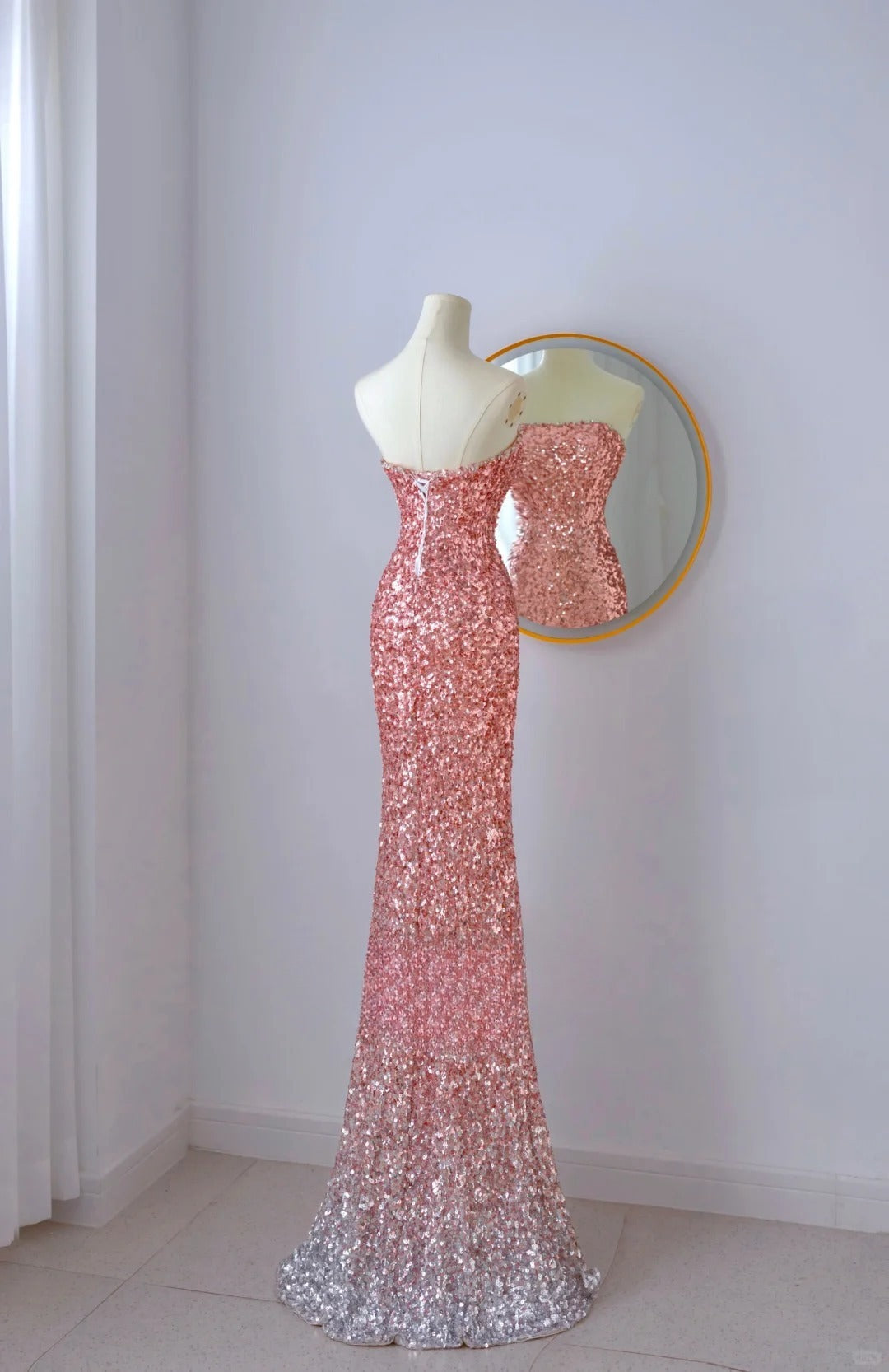 Classy Mermaid Strapless Pink Sequin Floor Length Slit Prom Dresses Formal Dress Birthday Outfits Prom Gown AU067