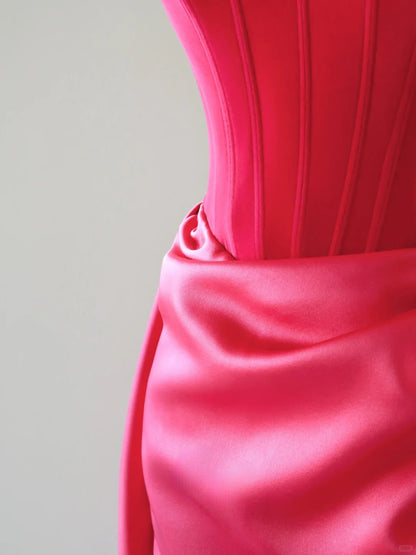 Charming Mermaid Strapless Hot Pink Satin Sleeveless Prom Dresses Long Prom Gowns AU067