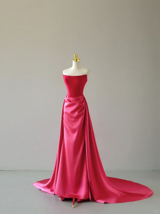 Charming Mermaid Strapless Hot Pink Satin Sleeveless Prom Dresses Long Prom Gowns AU067