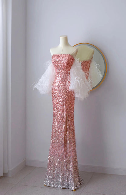 Classy Mermaid Strapless Pink Sequin Floor Length Slit Prom Dresses Formal Dress Birthday Outfits Prom Gown AU067