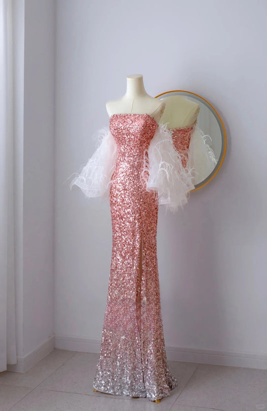 Classy Mermaid Strapless Pink Sequin Floor Length Slit Prom Dresses Formal Dress Birthday Outfits Prom Gown AU067