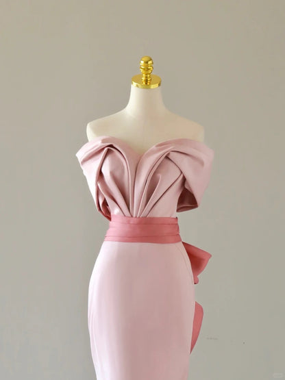 Simple Mermaid Sweetheart Blush Pink Satin Short Sleeves Prom Dresses Long Prom Gowns AB222