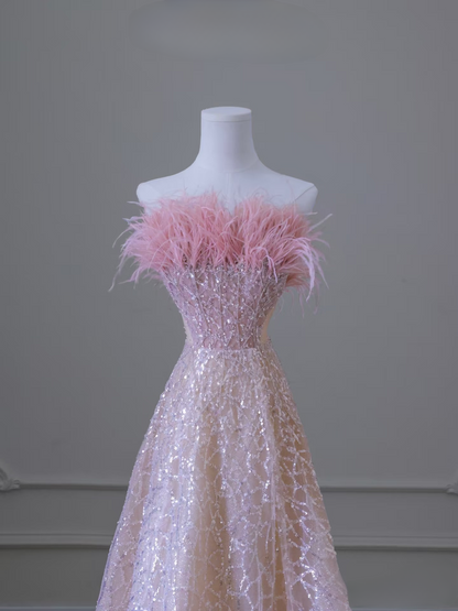 Classy A Line Strapless Sequin Pink Long Prom Dresses Inspiration Trending Prom Gowns Formal Prom Dress AU069