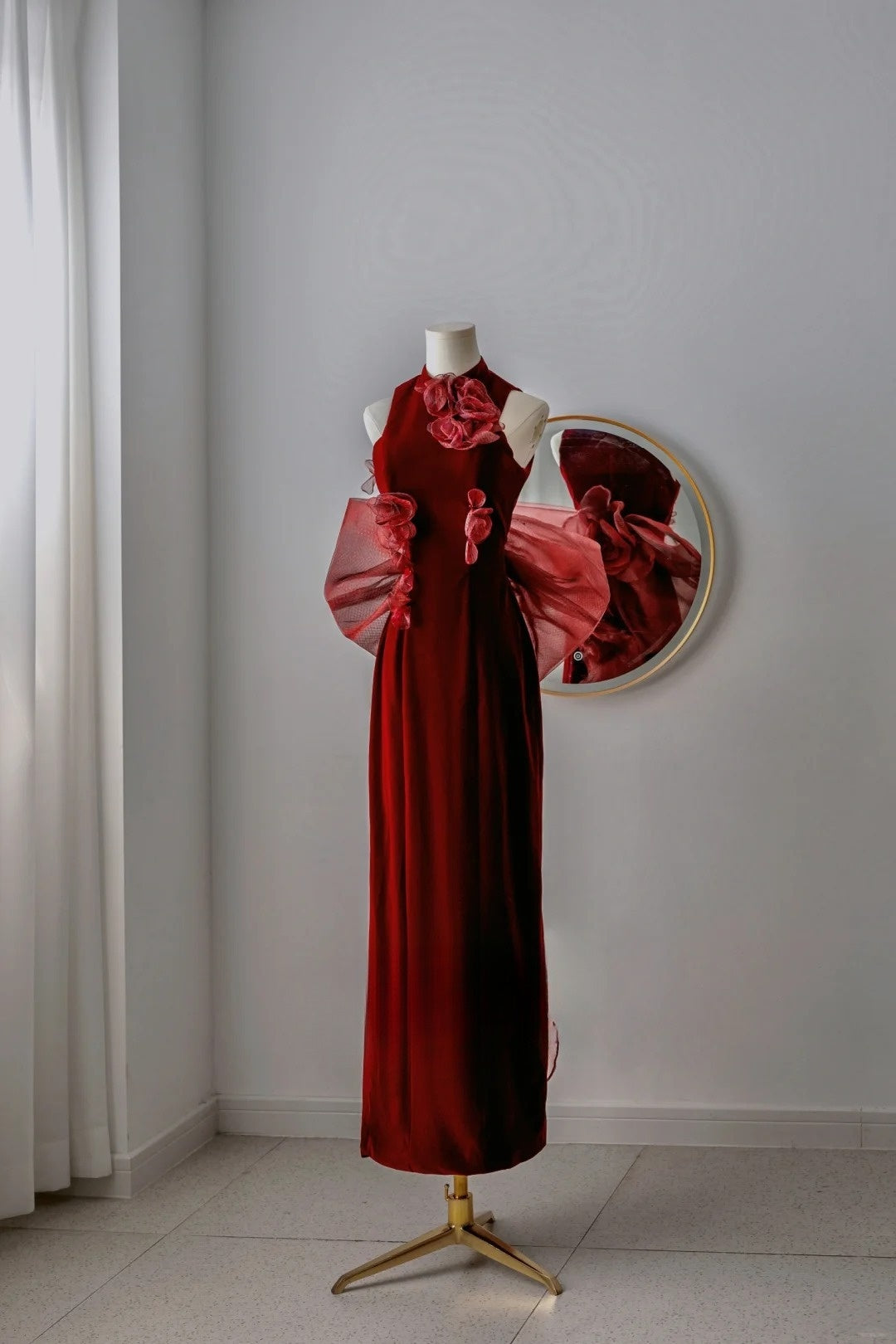 Classy Mermaid High Neck Burgundy Velvet Prom Dresses Formal Dress Birthday Outfits Prom Gown AU069